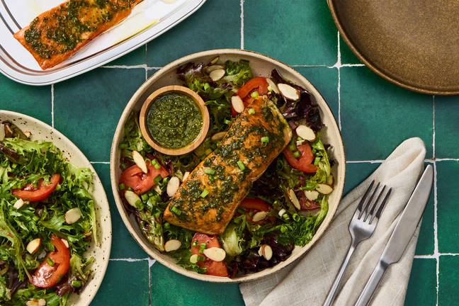 Prep & Bake Pesto Salmon with Mixed Greens