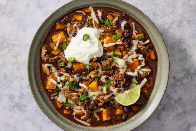 One-Pot Turkey, Squash & Bean Chili with Cheddar