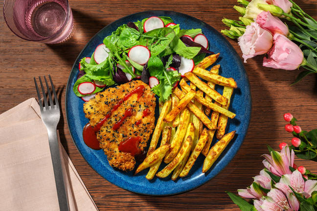 Sesame Crusted Pork Schnitzel and Fries