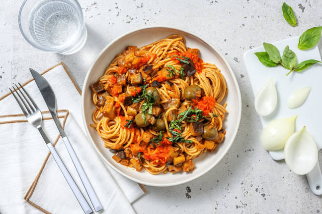Aubergine cacciatore & spaghetti au blé complet