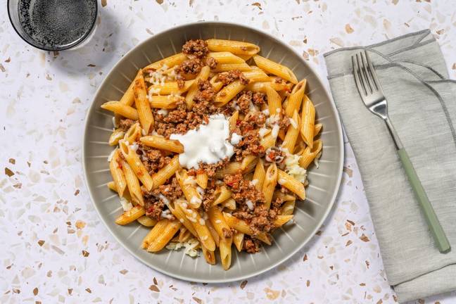 Penne, cheddar & bœuf haché à la mexicaine