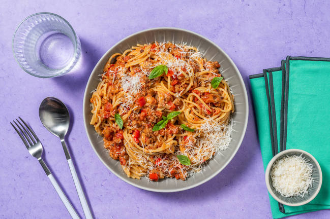 Spaghetti crémeux au haché végé & pecorino