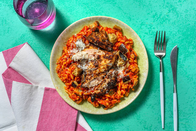 Kip met orzotto alla melanzane