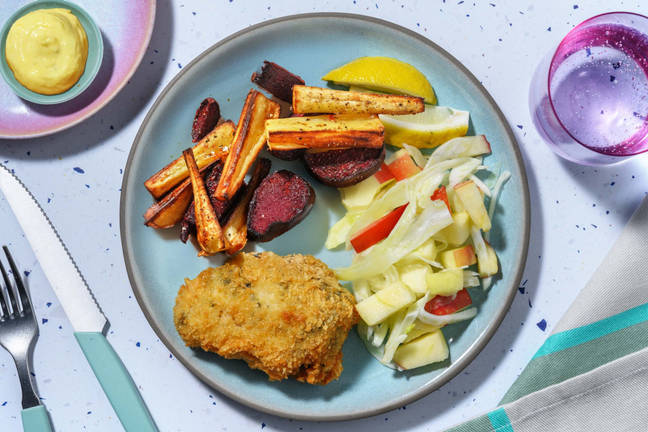 Panerad torsk och rotfruktspommes