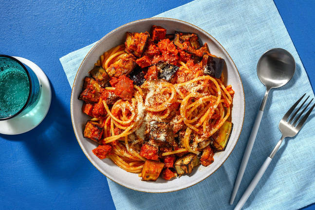 Chorizo and Roasted Aubergine Spaghetti