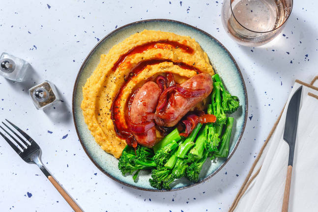 Honey Mustard Sausages and Red Onion Gravy
