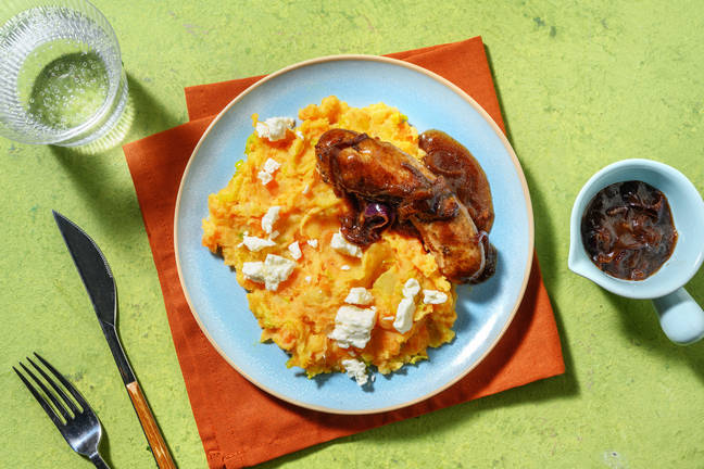 Saucisses de porc & stoemp de patate douce