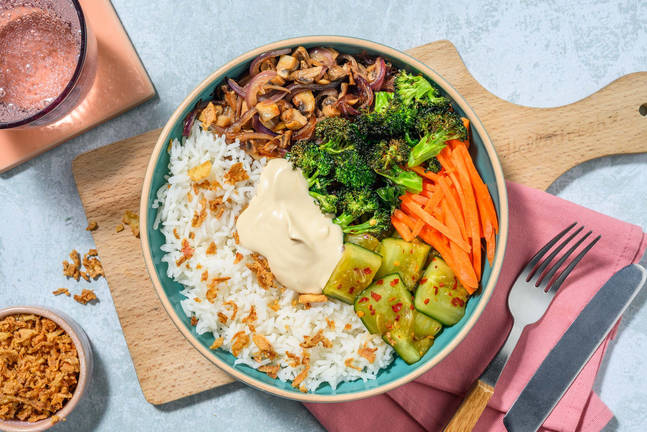 Donburi-bowl med karamelliserede svampe