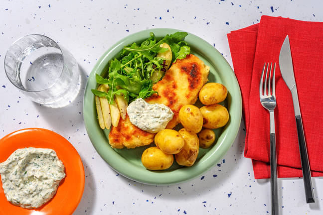 Paneret svinekød og kapers-crème fraiche