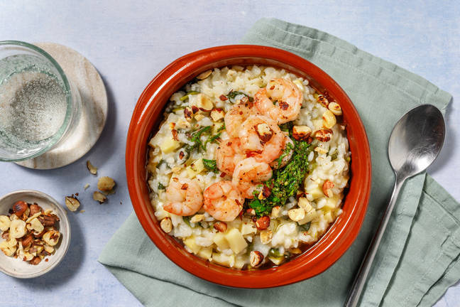 Spinat- og pastinakrisotto med rejer