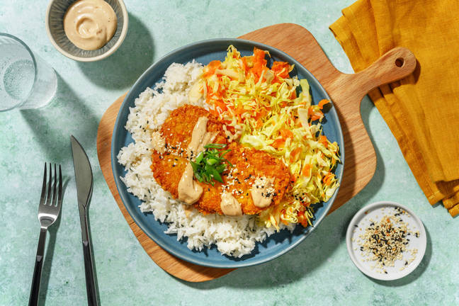 Escalope panée végé sur riz à l'ail & gingembre