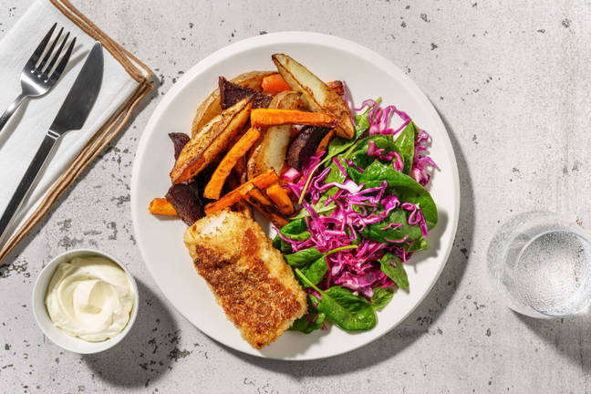 BBQ-panerad torsk och regnbågspommes