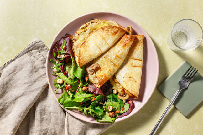 Veggie quesadillas con champiñones en texturas