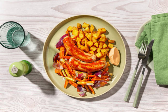 Honey Harissa Veg and Sausage Traybake
