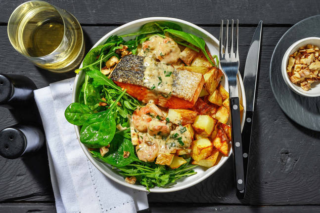 Salmon and Shrimp in Lemon-Caper Cream Sauce