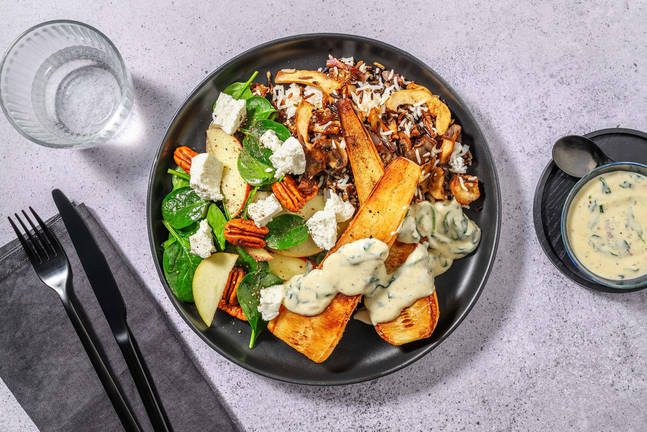 Parsnip "Steak" and Creamed Spinach Sauce