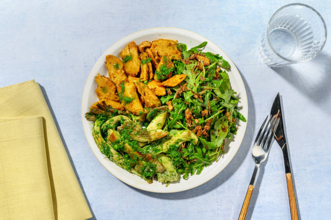 Heura con gírgolas al aceite de perejil