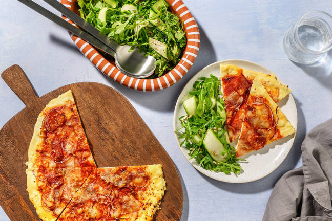 Chorizo- og rødløgspizza