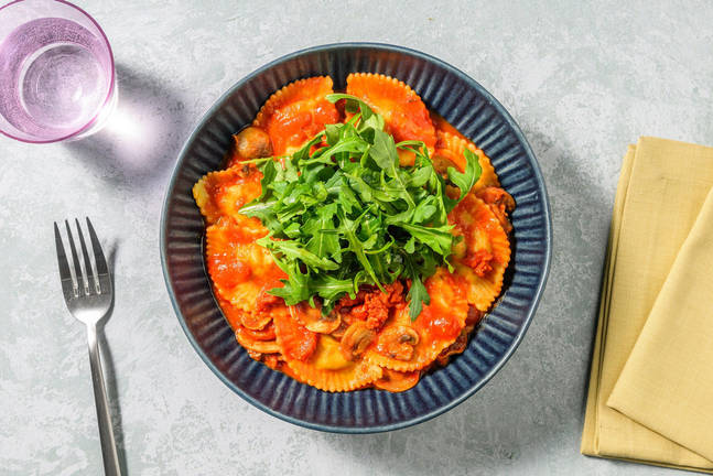 Pumpkin and Sage Girasoli in Veggie 'Nduja Sauce