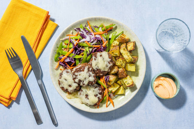 Cheesy Beef-Pork Rissoles & Pea Pod Slaw