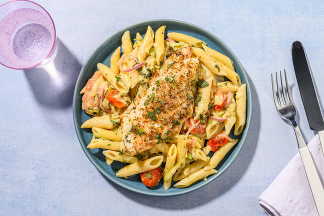 Filet de merlu et penne crémeuses aux tomates cerises