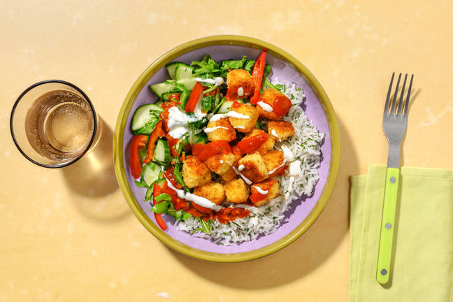 Spanskinspirerad panerad halloumi-bowl