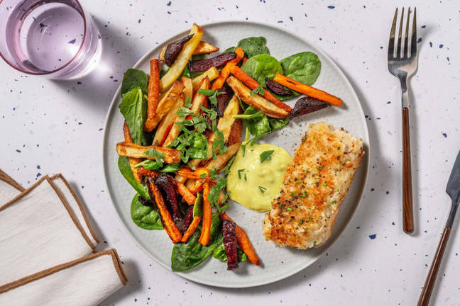 Za'atar-paneret hvid fisk og regnbuefritter