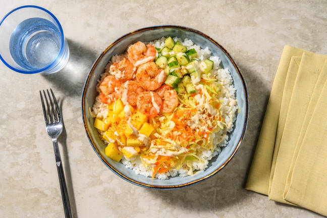Onze pokébowl met garnalen en ponzumayonaise