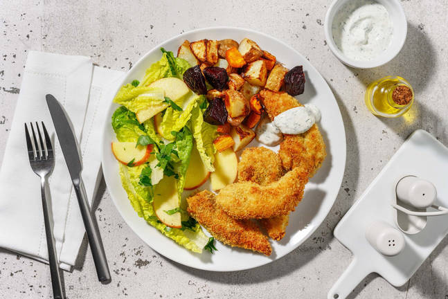 Krispig kyckling och rostade rotfrukter