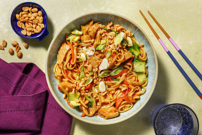 Snabb yaki udon på vegobitar och grönsaker