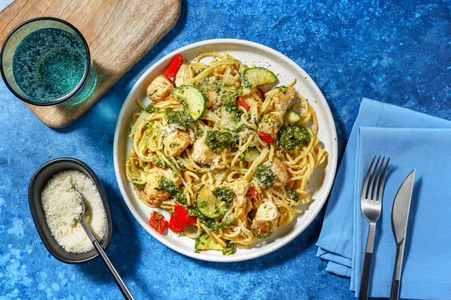Spaghetti à la crème de basilic & dinde poêlée