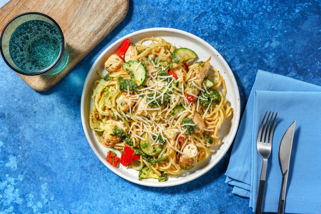 Spaghetti à la crème de basilic & dinde poêlée