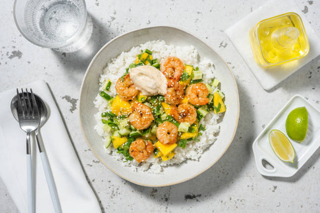 Spicy bowl de crevettes dorées & mangue