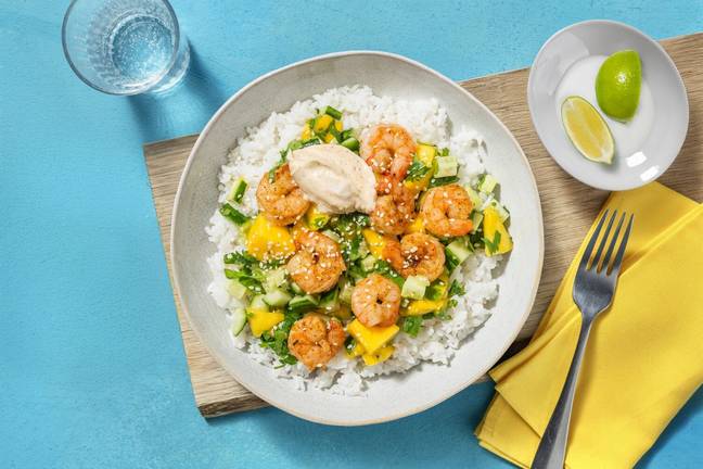 Spicy Bowl : crevettes dorées, citron & mangue