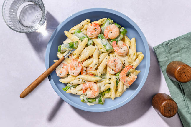 Penne printanières : asperges & crevettes