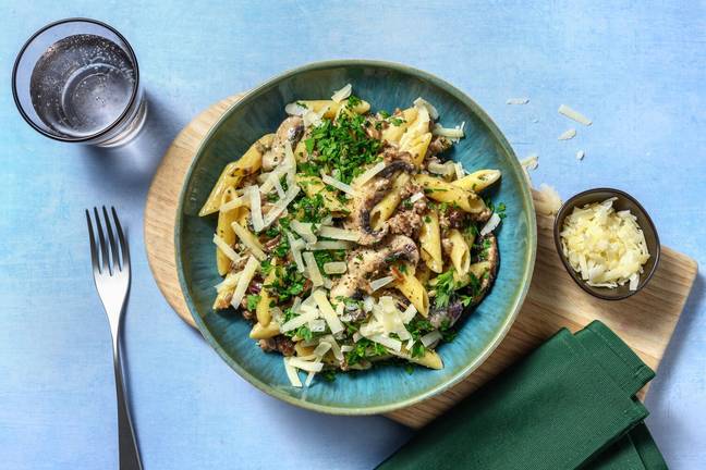 Penne au bœuf haché & portobello poêlés