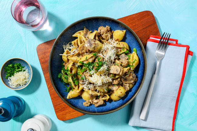 One pot : conchiglie, porc haché & champis