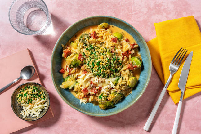 Orzo au chorizo, gouda & choux de Bruxelles