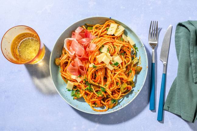 Spaghetti du Sud : prosciutto crudo & poivrons