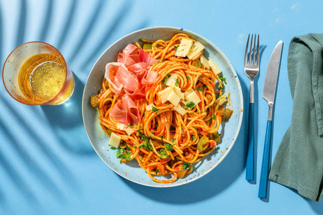Spaghetti du Sud : poivrons & prosciutto crudo