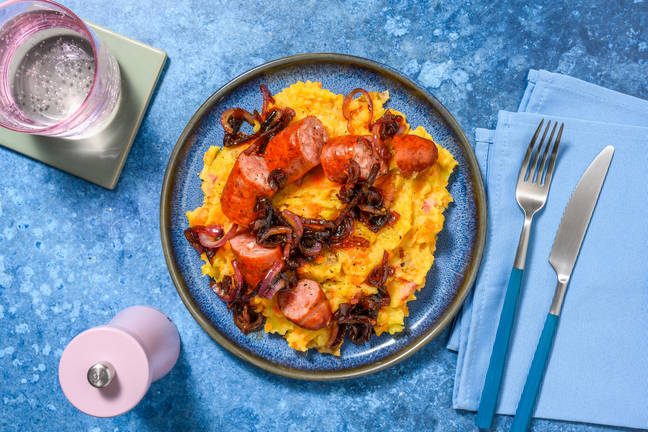 Stoemp de carotte aux lardons & saucisse de porc