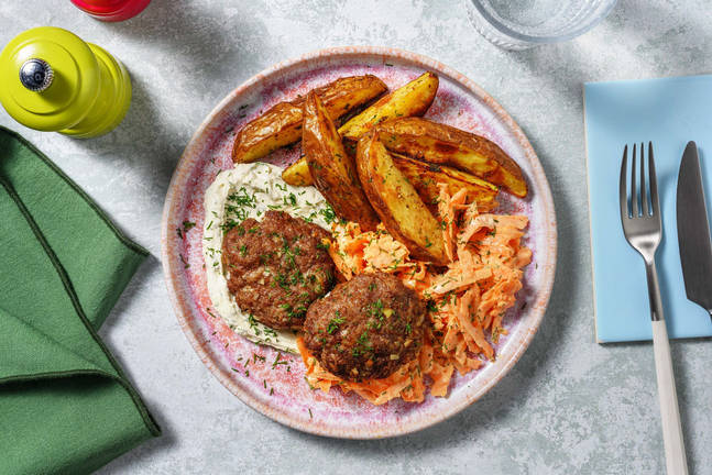 Würzige Kotleti-Rinderfrikadellen mit Dilldip