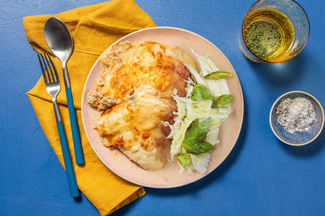 Ostegratineret oksekøds- og tortillalasagne