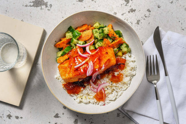 Geglaceerde zalmfilet met mangochutney