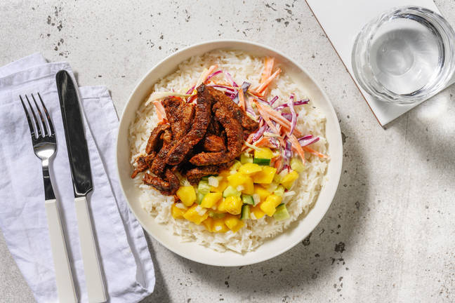 Biefstukreepjes met mangosalsa