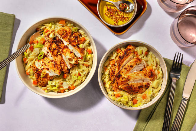 Pesto-orzotto med kyckling och grönsaker