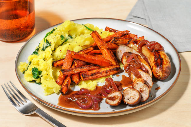 Honey Mustard Sausages and Homemade Onion Gravy