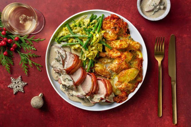 Baconsvøpt svinefilet à la Normande