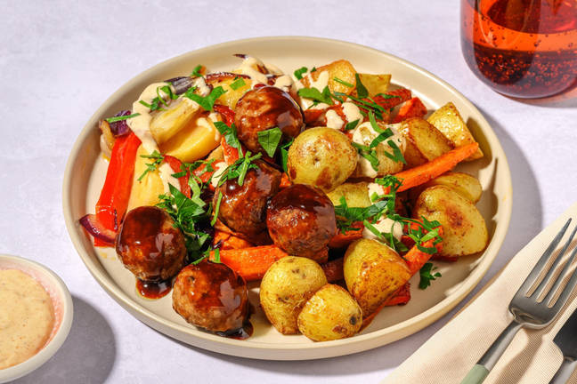 BBQ Veggie Meatballs with Baby Potatoes