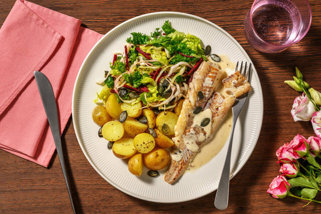 Pandestegt kuller i basilikumflødesauce